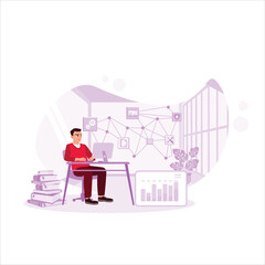 System Administration and Machine Learning Engineer Programming at the Workstation. Brain with digital circuits and programmer with artificial intelligence. Trend Modern vector flat illustration
