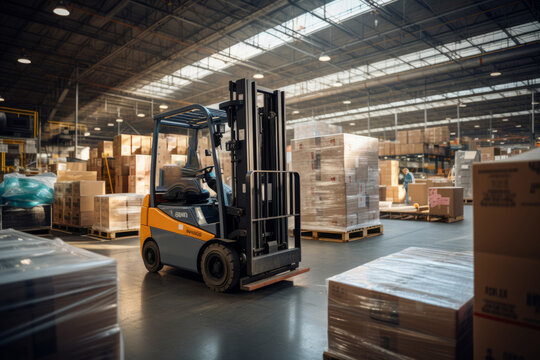 Forklift Moving Cargo in a Distribution Center, Generative AI