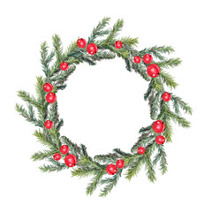 Watercolor green christmas tree fir wreath with red berries isolated on white background. Circle frame border template. Hand-drawn clipart with copy space for new year celebration invite or wallpaper