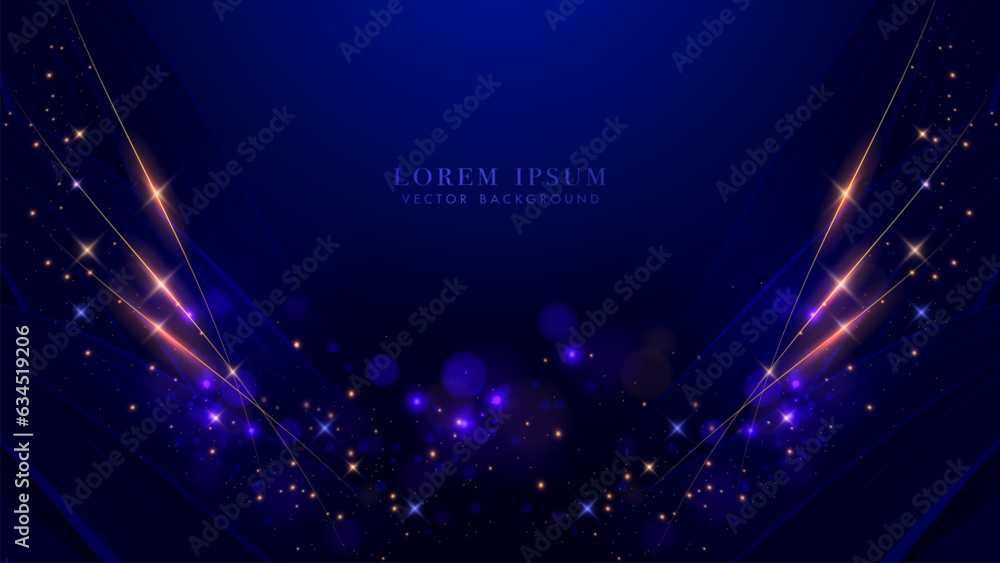 Poster blue luxury background with golden lines, sparkle glowing dots effect and bokeh element. elegant sty