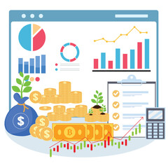 business investment and profit concept.Business chart and gold coin. Desktop of a businessman. The concept of analysis and investment and business success