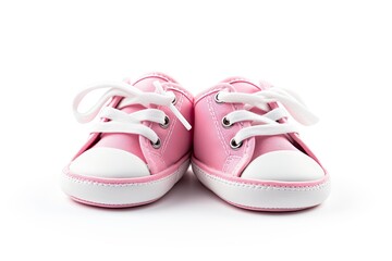 Fototapeta na wymiar Pink baby sneakers on white background