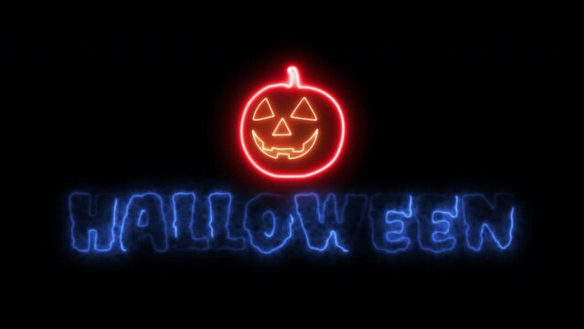 Glowing neon line of happy halloween party banner design isolated on transparent background. Trick or Treat. Bright signboard. Holiday concepts. 4K video motion graphic animation.