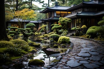 Zen Garden Retreat: Find serenity in a Zen garden, complete with carefully raked gravel, serene ponds, and perfectly placed stones. - obrazy, fototapety, plakaty