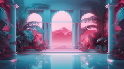 Turquoise pink background with arches columns tropical plants and mountains in the background. AI Generation 