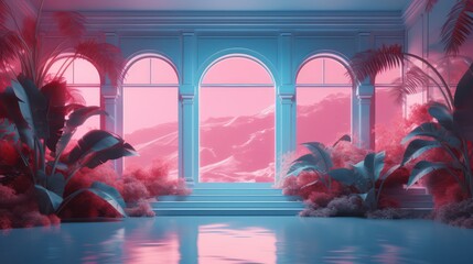 Turquoise pink background with arches columns tropical plants and mountains with sea for your text mocap. AI Generation 