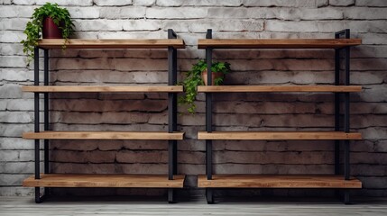 Wooden racks stand at the gray brick wall