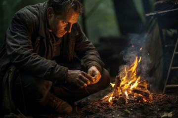Man in wilderness trying to start a fire. 