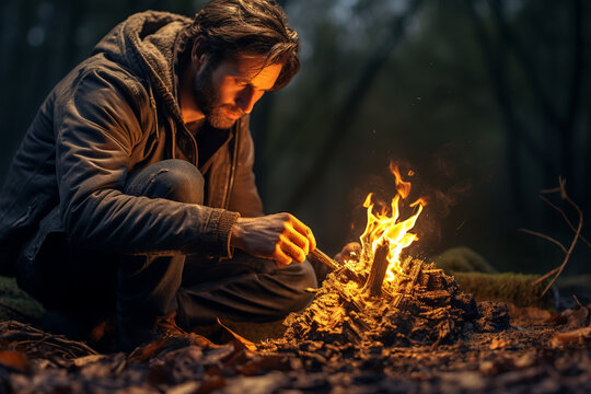 Man in wilderness trying to start a fire. 