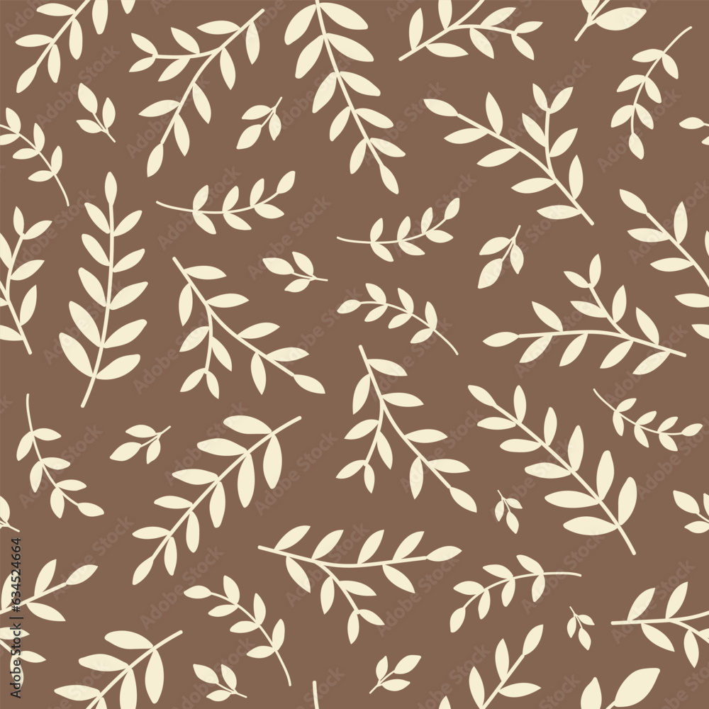 Poster vector floral seamless pattern with beige branches on a brown background. botanical hand drawn print