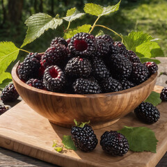 A heaping pile of blackberries in a wooden bowl. 