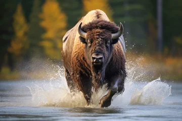 Foto op Plexiglas A bison charging through a body of water. The bison is brown with a large hump on its back and two curved horns on its head © Florian