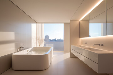 Fototapeta na wymiar A modern bathroom with a view of the city. The bathroom has a white freestanding bathtub with a chrome faucet and a white countertop with two sinks, long mirror above the sinks , built-in lightning