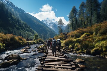 adventurous travelers, with backpackers exploring a scenic mountain trail, crossing wooden bridges over a glistening river