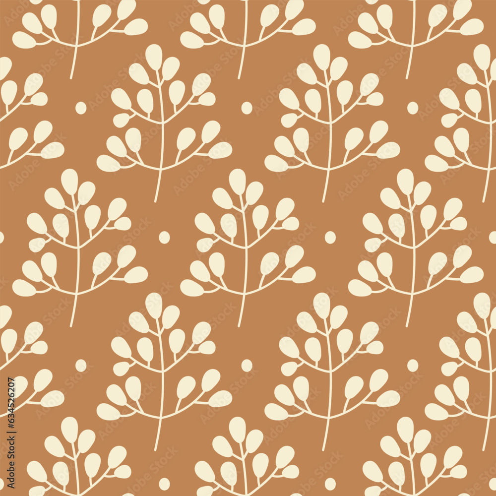 Poster vector floral seamless pattern with beige branches on a brown background. botanical hand drawn print