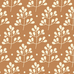 Vector floral seamless pattern with beige branches on a brown background. Botanical hand drawn print for fabric, home decor and wrapping paper.