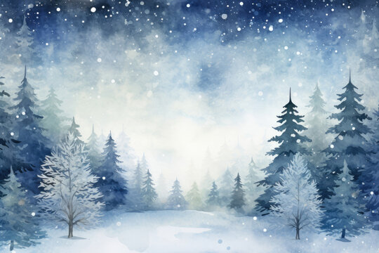 Watercolor illustration of a winter forest at night