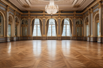 An empty ballroom with a parquet floor and ornate gold walls, curtains and gold trim. The ceiling has a large crystal chandelier hanging from it. The room is lit by natural light - obrazy, fototapety, plakaty