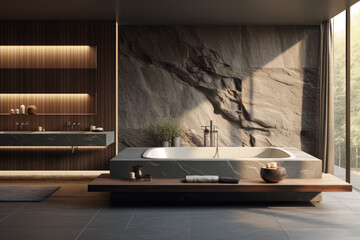 Bathroom with a freestanding bathtub. The bathtub is white and rectangular in shape with a gray stone surround. The bathtub is on a wooden platform with a gray stone floor