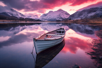A small white wooden boat on a lake. The lake is calm and the boat is reflected in the water. The...