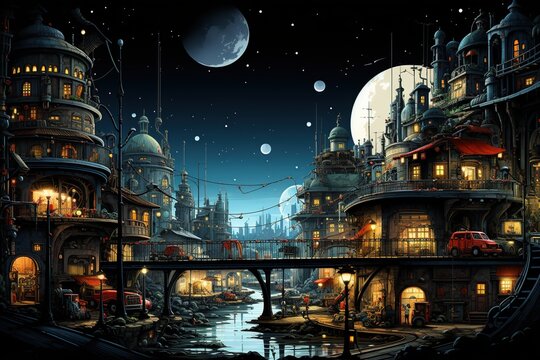 showcasing vibrant street life, with bustling markets, colorful street art, Generated with AI