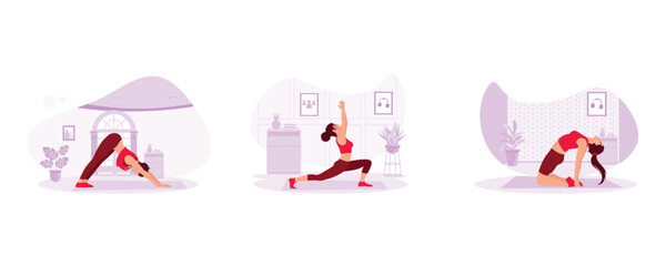 Young woman practising yoga in the house. Stretch on the mat. Practice yoga in the Ustrasana pose and camel pose. Yoga concept. Set Trend Modern vector flat illustration