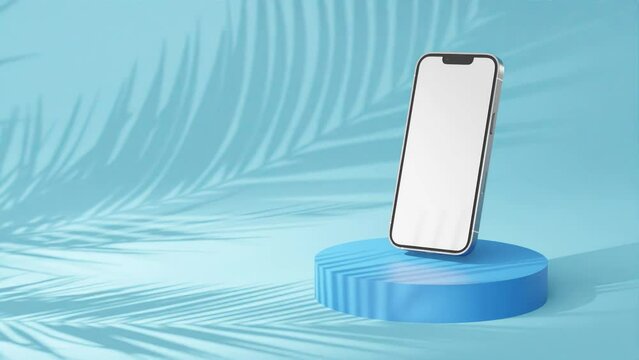 empty iphone on display stand, blue template mockup phone, graphic babyblue background, animated blank, Mock-up for tracking, product still cellphone packshot, oceanblue, advertising ads concept
