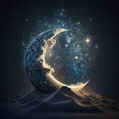 Crescent moon against the starry sky with mountains. Fictional fairy-tale illustration. - obrazy, fototapety, plakaty