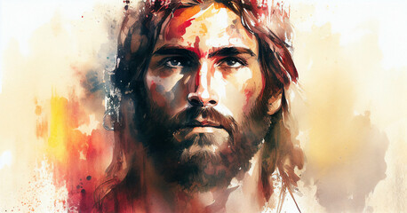 Naklejka premium Watercolor painting of Jesus Christ. Portrait of spiritual leader.
