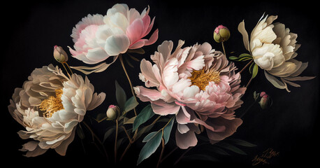 Watercolor painted peonies on black background. 