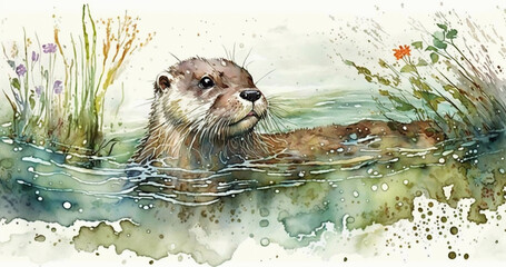 Watercolor image painting of the otter in the water. Cute animal illustration