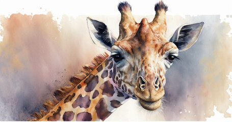 A watercolor image of a giraffe on watercolor background. Cute animal illustration. - obrazy, fototapety, plakaty