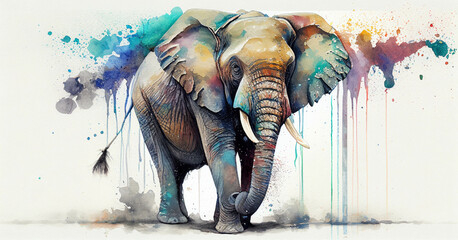 Watercolor painted illustration of an elephant with the specks of paint on it.