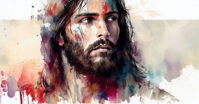 Watercolor painting of Jesus Christ. Portrait of spiritual leader.