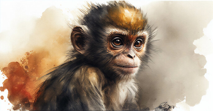 Watercolor illustration of the monkeys. Painting of the animals 