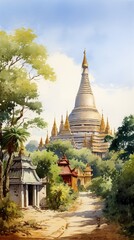 Fototapeta premium Myanmar, Landscape, water color, illustration.