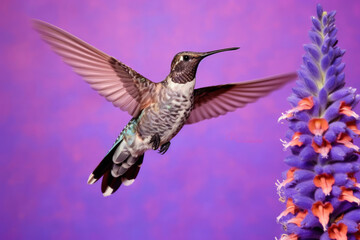 A tiny Hummingbird with iridescent plumage hovers mid-air against a floral lavender backdrop, creating an exciting and dynamic image.