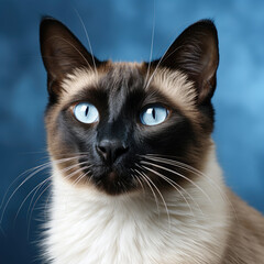 A sophisticated Siamese cat with intense blue eyes poses elegantly in a studio against a pale blue pastel background.