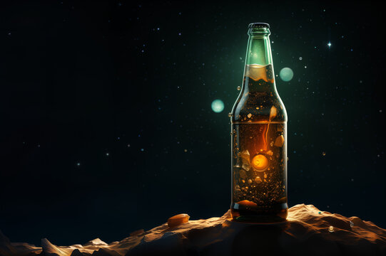 Cold beer bottle on surface of an asteroid or planet