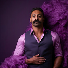 A self-important South Asian man in his 40s poses against a regal purple backdrop.