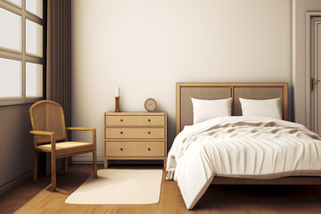 An image of a bedroom with a bed, dresser, and chair, The bed is made of dark wood, Generative AI