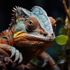 Obraz premium A chameleon's adaptability and wonder expressed through changing colors and rotating eyes against a pastel rainforest backdrop.