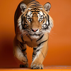A regal Bengal Tiger prowls against a solid orange background, showcasing its majestic stride and striking stripes.