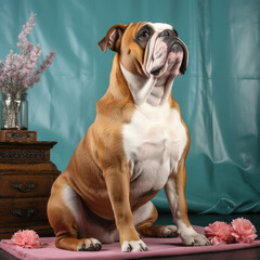 A dignified and tenacious bulldog against a pastel London backdrop.