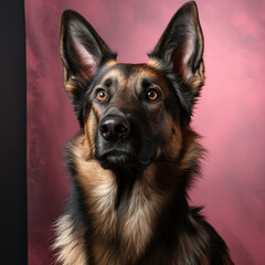 A loyal German Shepherd stands guard against a homey pastel backdrop, reflecting duty and devotion.