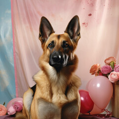 A loyal German Shepherd stands guard against a homey pastel backdrop, reflecting duty and devotion.
