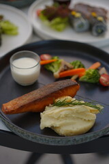 Salmon Steak Vegetables with Sauce and Mashed Potatoes