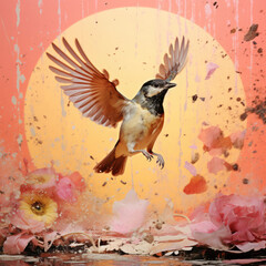 A lively and small finch jumps with delight against a peach pastel background, reflecting joy and enthusiasm.
