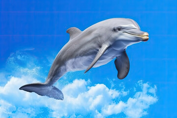 A cheerful Dolphin (Delphinus delphis) leaping mid-air against a splashy blue backdrop.