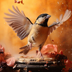A lively and small finch jumps with delight against a peach pastel background, reflecting joy and enthusiasm.